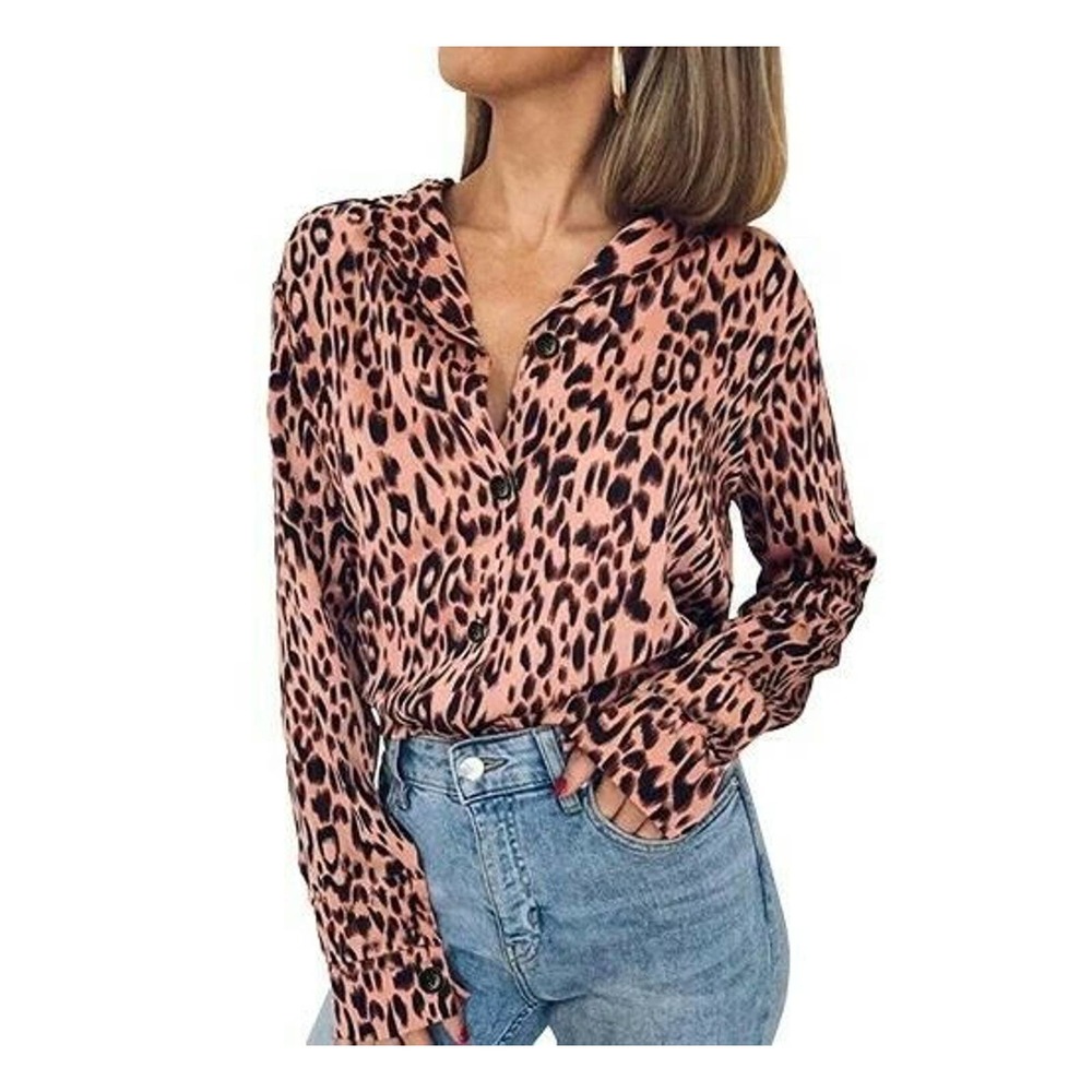 ECOWISH Leopard Button Down Shirt Blouse Size S